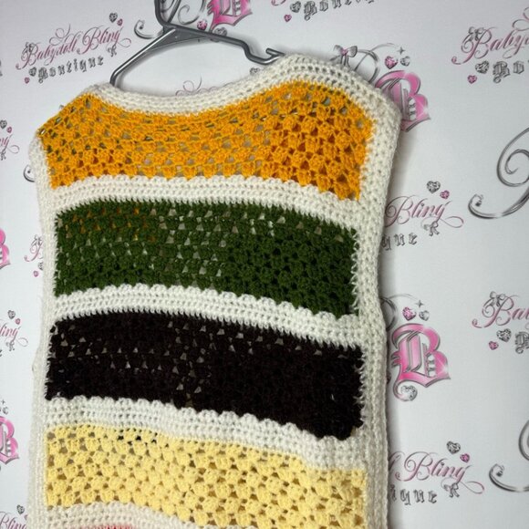 Vest cardigan knit handmade striped crochet ribbon π bow tie up warm cozy cute - Picture 9 of 14